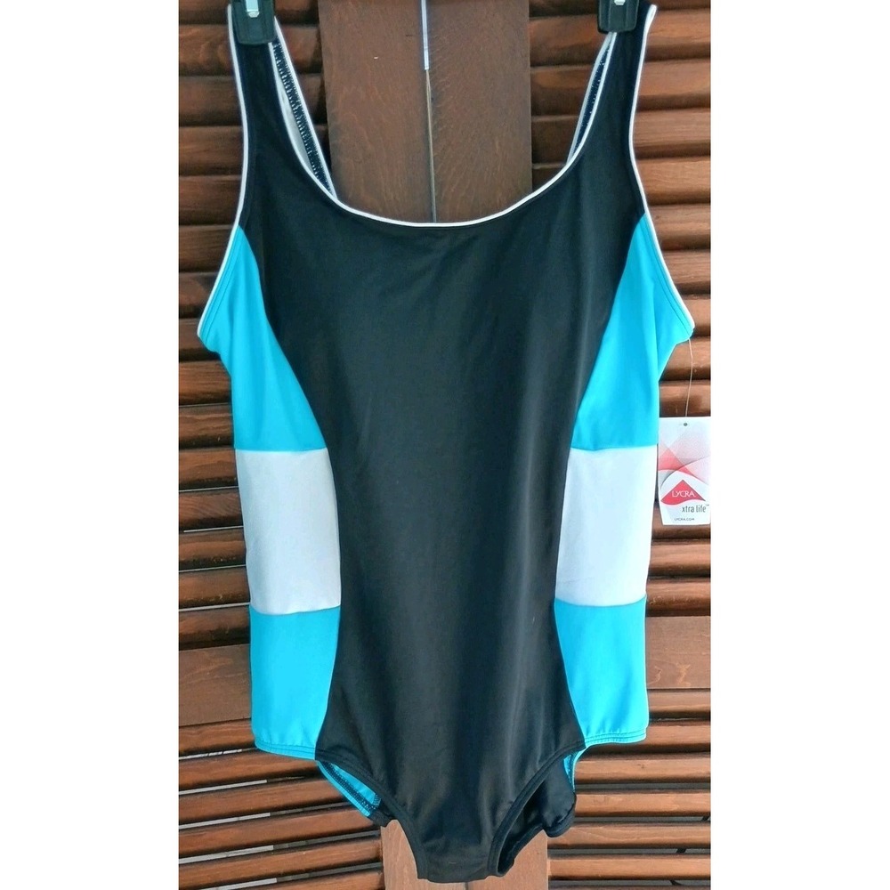 NWT Lands End Colorblock Black, White, & Turquoise One Piece Bathing‎ Suit 16P